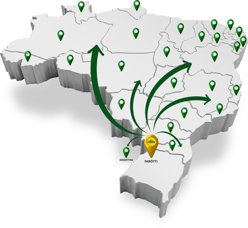 Mapa do Brasil com a atuação da Farótti: sede em Frederico Westphalen (RS) e presença em diversos estados.