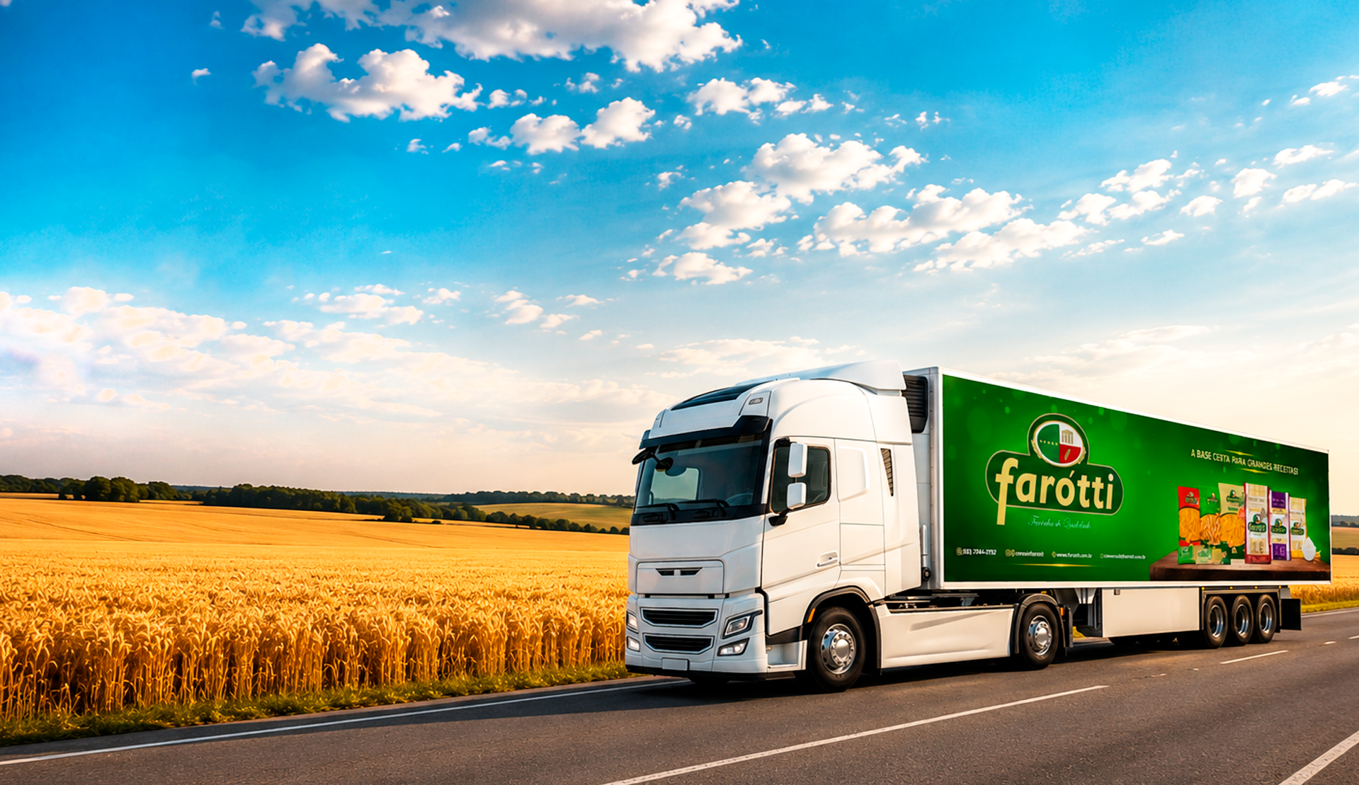 Carreta da Farótti em estrada, ao lado de uma lavoura de trigo